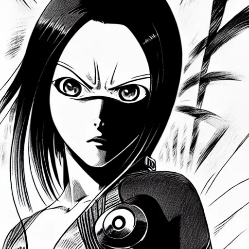 Image similar to alita by yukito kishiro. medium shot. black and white manga. pencil drawing.