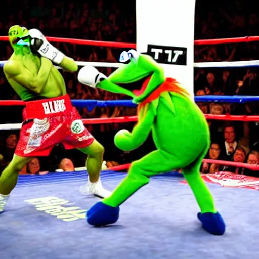 Image similar to ringside photo of a boxing match with kermit the frog