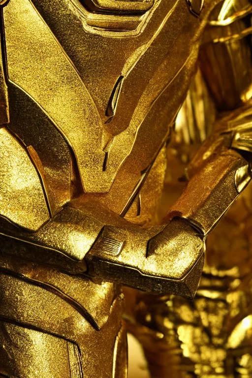 Image similar to high detail close up photography of ancient gold saiyan space armor.