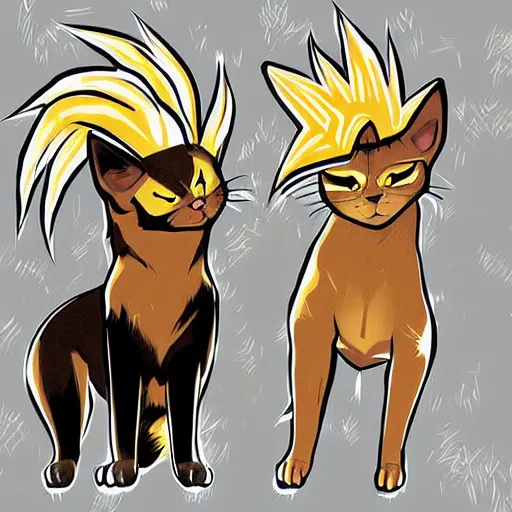 Image similar to Digital art of a cat and a dog becoming super saiyan,