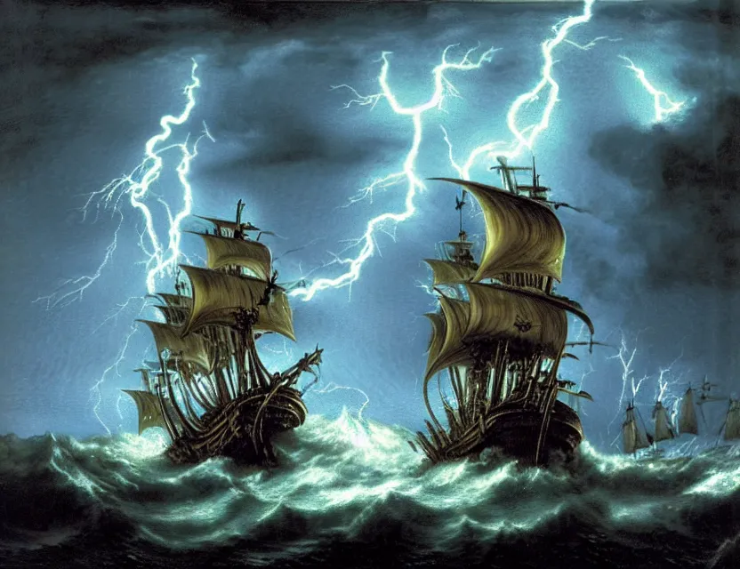 Prompt: 1 6 0 0 pirate ship being engulfed by a sea creature with long tentacles, on a stormy night with lightning