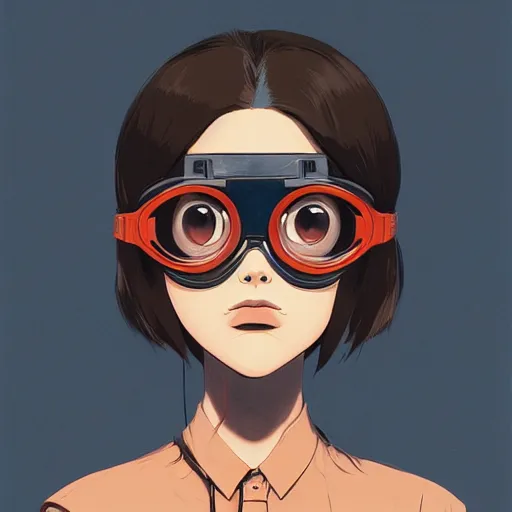 Image similar to face of a girl wearing goggles, brown skin, symmetrical, ilya kuvshinov, jamie hewlett, yoji shinkawa, muted colors, portrait, beautiful detailed illustration, graphic, fun, 17th century oil painting, flat colors, studio ghibli, cel shading,