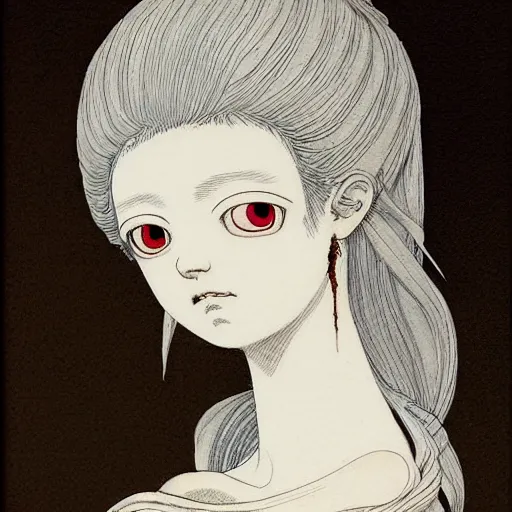 Image similar to prompt: Fragile looking vessel portrait face drawn by Katsuhiro Otomo, inspired by Carlo Dolci, magical and alchemical objects on the side, soft light, white background, intricate detail, intricate ink painting detail, sharp high detail, manga and anime 2000