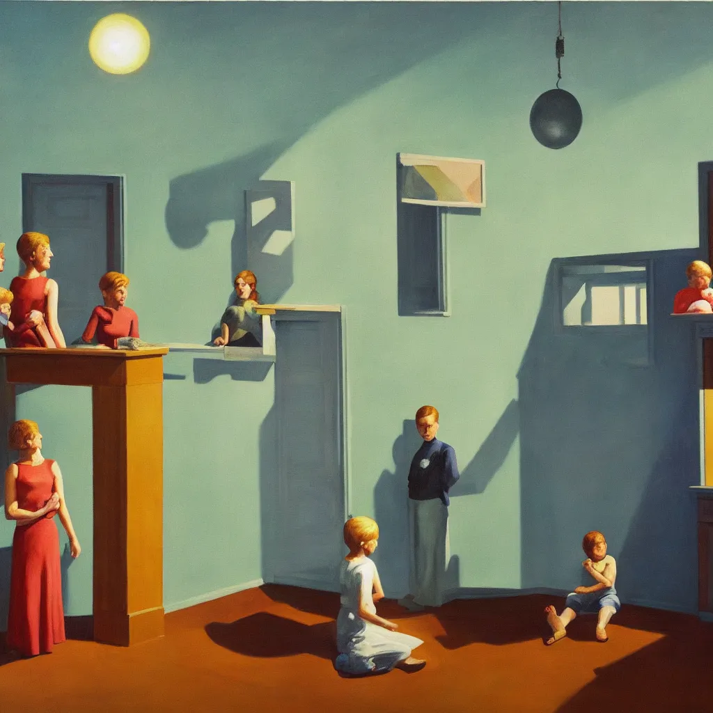 Image similar to painting of a family building getting lectured by a very large alien in their suburban living room, energetic orbs in the air, in the style of edward hopper