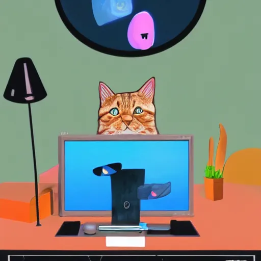 Prompt: computer monitor with a cat stuck inside, surreal, colorful