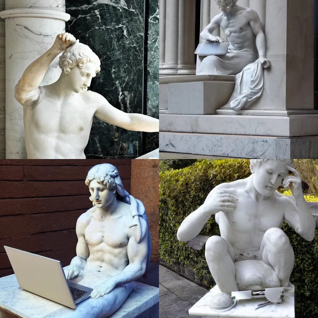 Prompt: a marble statue having problems with a laptop