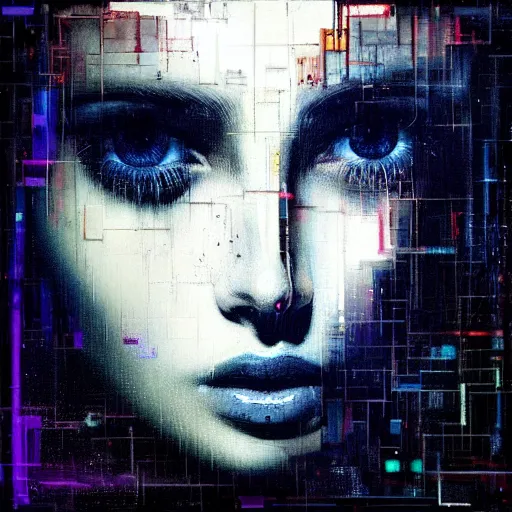 Prompt: hyperrealistic portrait of a young women with crystal eyes, staring, by Guy Denning, by Johannes Itten, by Russ Mills, glitch art, hacking effects, digital tech effects, cyberpunk, color blocking!, oil on canvas, intricate detail, concept art, abstract, detailed lines, clean, polished, symmetrical eyes, symmetrical, octane, cgsociety, 8k, trending on artstation