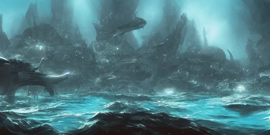 Prompt: civilization underwater created by orcas, submerged city made with coral and rock by killer whales, epic fantasy sci fi illustration concept art