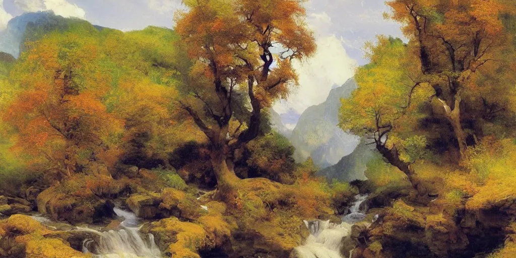 Image similar to single maple tree growing in grand cayon, stream, thomas moran, oil painting, highly detailed, masterpiece