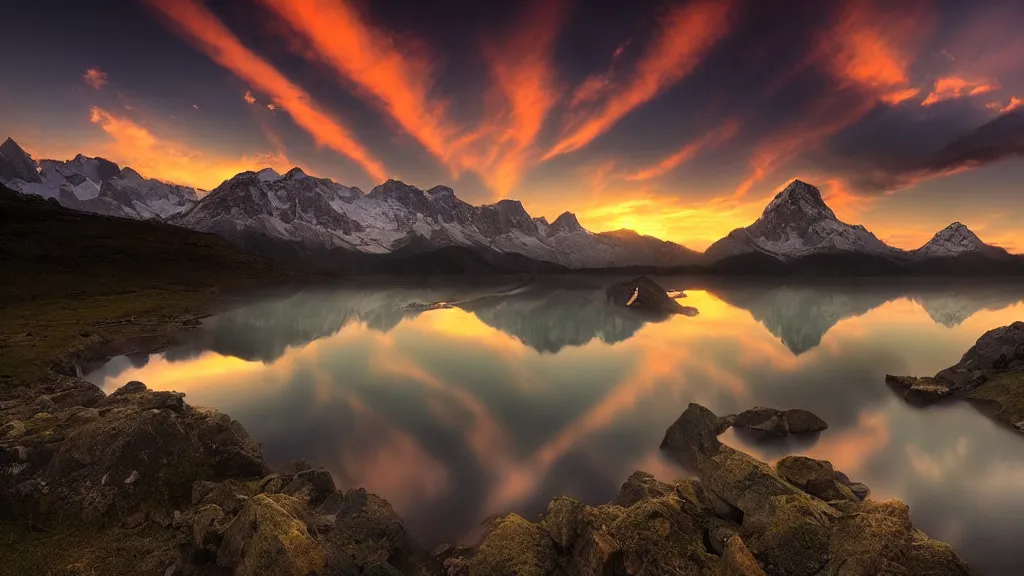 Image similar to amazing landscape photo of mountains with lake in sunset by marc adamus, beautiful dramatic lighting