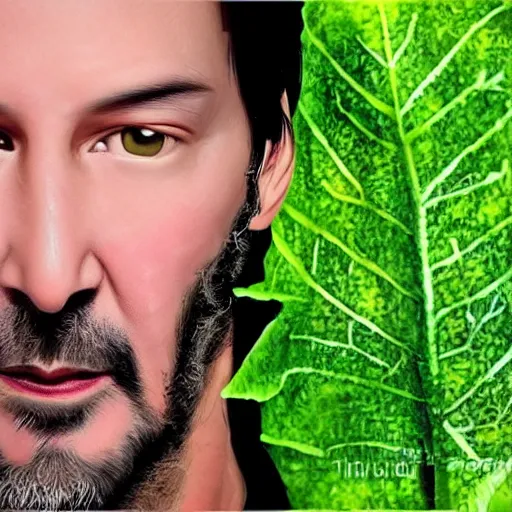 Image similar to keanu reaves face made of green leaves