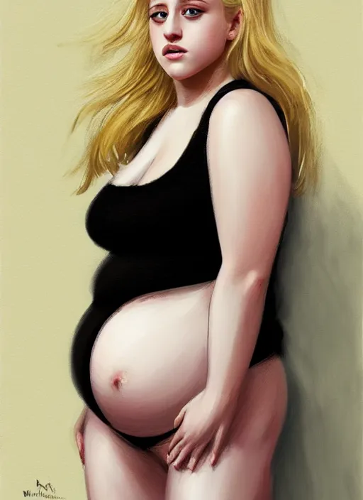 Image similar to full body portrait, teenage lili reinhart, blonde hair, obese, bangs, ponytail, sultry, realistic, sultry smirk, fluffy bangs, curly bangs, fat, belly, intricate, elegant, highly detailed, digital painting, artstation, concept art, smooth, sharp focus, illustration, art by wlop, mars ravelo and greg rutkowski