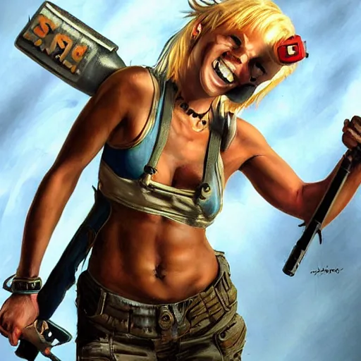 Image similar to tank girl, ultra highly detailed, concept art, fun pose, wild eyes, big hammer, 4 k