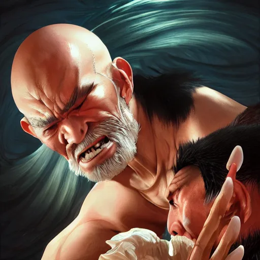 Image similar to ultra realistic illustration of heihachi mishima devouring kazuya mishima, intricate, elegant, highly detailed, digital painting, artstation, concept art, smooth, sharp focus, illustration, art by artgerm and greg rutkowski and alphonse mucha