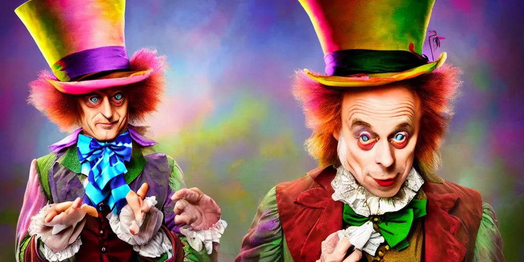 Image similar to The Mad Hatter, Alice in wonderland, colorful, wide angle, super highly detailed, professional digital painting, artstation, concept art, smooth, sharp focus, no blur, no dof, extreme illustration, Unreal Engine 5, Photorealism, HD quality, 8k resolution, cinema 4d, 3D, beautiful, cinematic, art by artgerm and greg rutkowski and alphonse mucha and loish and WLOP