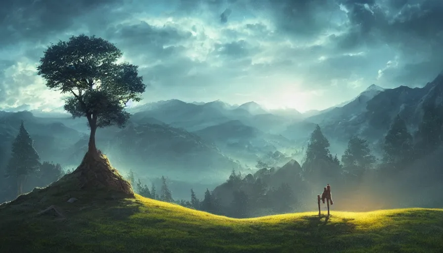 Prompt: hexagon in the sky, people standing on grassy hills above valley, one tree, dramatic lighting, jessica rossier, art station