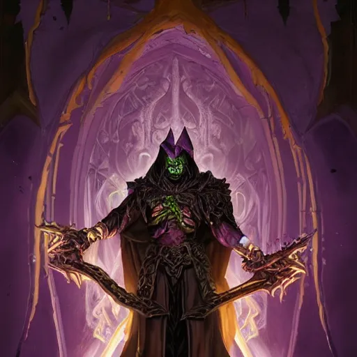 Image similar to portrait of hulking herculean ainz ooal gown undead lich, from overlord, warlock purple robes, magical electricity, upper body, fantasy, intricate, elegant, highly detailed, digital painting, artstation, concept art, sharp focus, illustration, art by artgerm and greg rutkowski and alphonse mucha