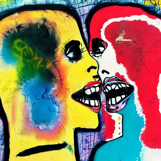 Image similar to watercolor painting of two bizarre psychedelic punk women kissing each other closeup in a vortex in japan, speculative evolution, mixed media collage by basquiat and jackson pollock, maximalist magazine collage art, sapphic art, lesbian art, chemically damaged