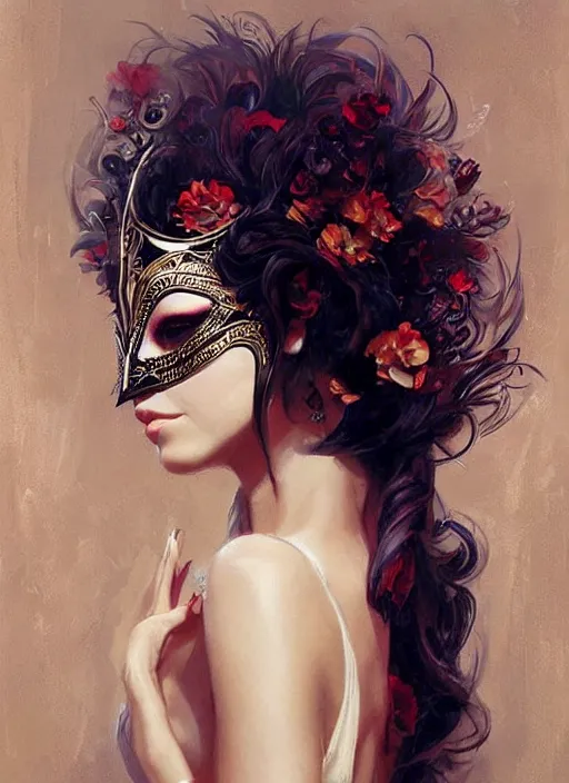 Image similar to a beautiful woman wearing an elaborate masquerade mask and matching ballgown, looking at the viewer with an alluring expression. painting by artgerm and greg rutkowski and magali villanueve