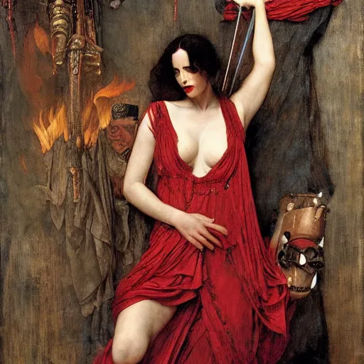 Image similar to eva green as a bandit queen, goddess of fire, fine silk red dress, by edgar maxence and caravaggio and michael whelan and delacroix