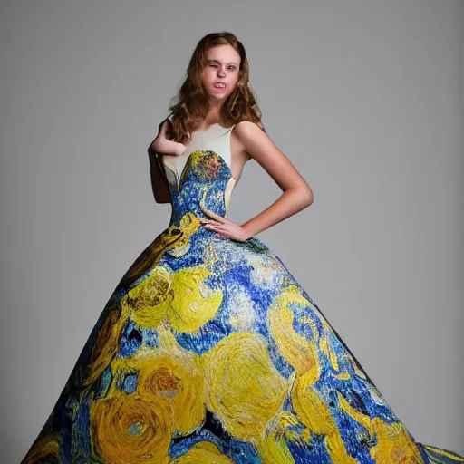 Prompt: A magnificent ball gown with a design inspired by Van Gogh's Starry Night. Studio Lighting
