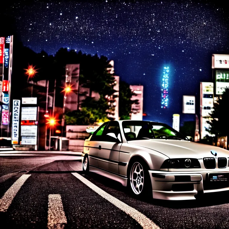 Image similar to close-up-photo BMW E36 middle of street, Saitama prefecture, stars, night, cinematic color, photorealistic, highly detailed,