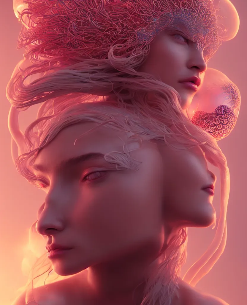 Image similar to goddess portrait. jellyfish phoenix head. intricate artwork by Tooth Wu and wlop and beeple. octane render, trending on artstation, greg rutkowski very coherent symmetrical artwork. cinematic, hyper realism, high detail, octane render, 8k