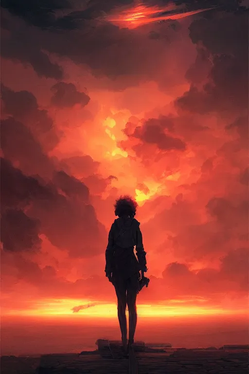 Image similar to poster artwork. the sky on fire. gorgeous. award winning. washed out. desaturated. art by wlop, mars ravelo and greg rutkowski.