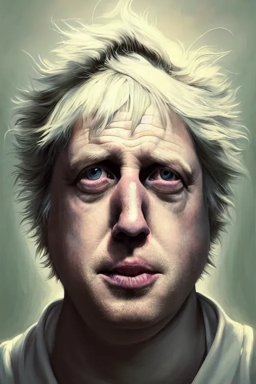 Image similar to Boris Johnson as Rick Sanchez, unibrow, white robe, big eyes, 3d portrait, symmetrical, highly detailed, digital painting, artstation, concept art, smooth, sharp focus, illustration, cinematic lighting, art by artgerm and greg rutkowski and alphonse mucha