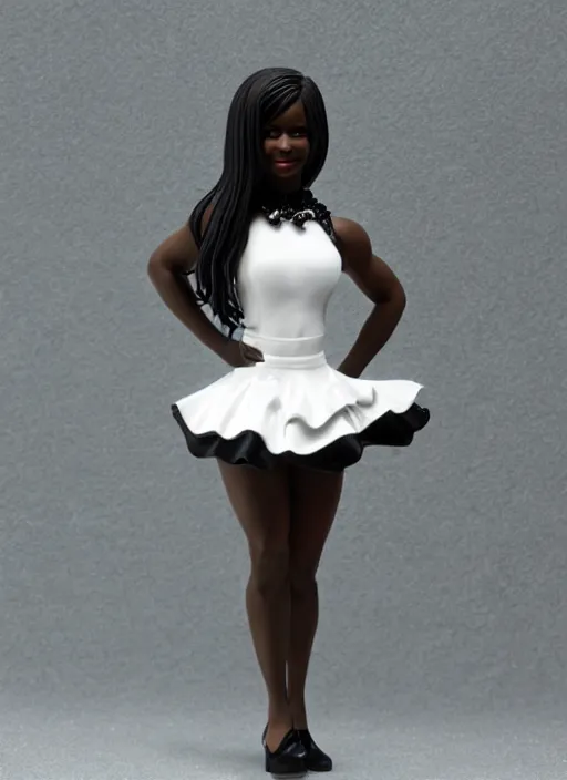 Prompt: Product Introduction Photos, 4K, Full body, 80mm resin detailed miniature of a very muscular black lady in White and lacy ruffled mini-skirt, dark skin, black hair