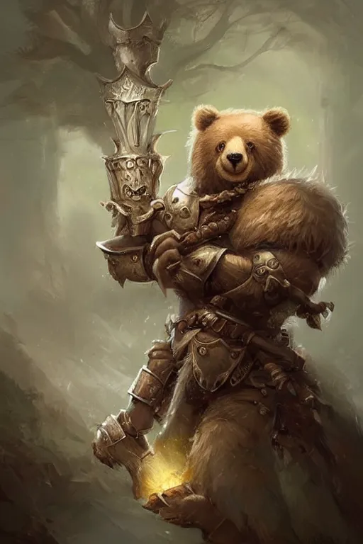 Image similar to cute little anthropomorphic bear knight wearing a cape and a crown, tiny, small, miniature bear, baby animal, short, pale blue armor, cute and adorable, pretty, beautiful, DnD character art portrait, matte fantasy painting, DeviantArt Artstation, by Jason Felix by Steve Argyle by Tyler Jacobson by Peter Mohrbacher, cinematic lighting