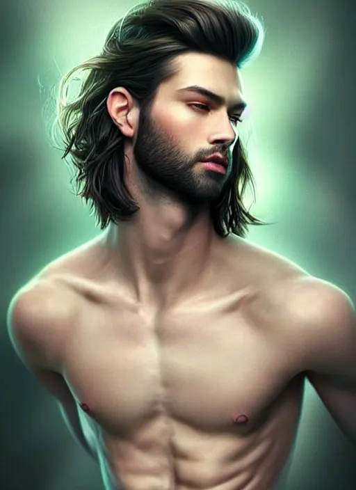 Prompt: a beautiful portrait handsome man, sexy fantasy full body professionally retouched, soft lighting, wearing t shirt and jeans, realistic, hyperrealistic hyperdetailed smooth face, perfect green eyes, black long hair with black highleights, wide angle, sharp focus on the eyes, 8 k high definition, insanely detailed, intricate, elegant, art by artgerm and wlop