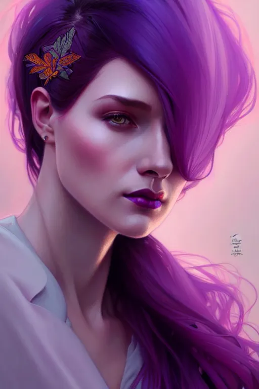 Image similar to Purple hair, creative colouring Portrait of woman, fashion, intricate, elegant, highly detailed, digital painting, artstation, concept art, smooth, sharp focus, illustration, art by artgerm and greg rutkowski and alphonse mucha