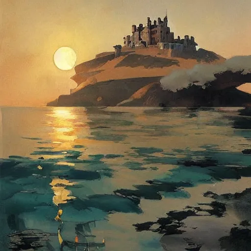 Image similar to castle on sea, moon, DARK SCHEME, by studio ghibli painting,by Joaquin Sorolla rhads Leyendecker, by Ohara Koson and Thomas, cloud.