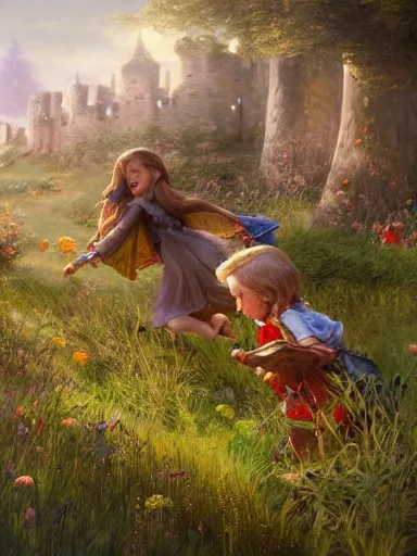 Prompt: children playing inside a meadow inside the castle walls. intricate, elegant, highly detailed, digital painting, artstation, concept art, sharp focus, illustration, by justin gerard and artgerm, 8 k