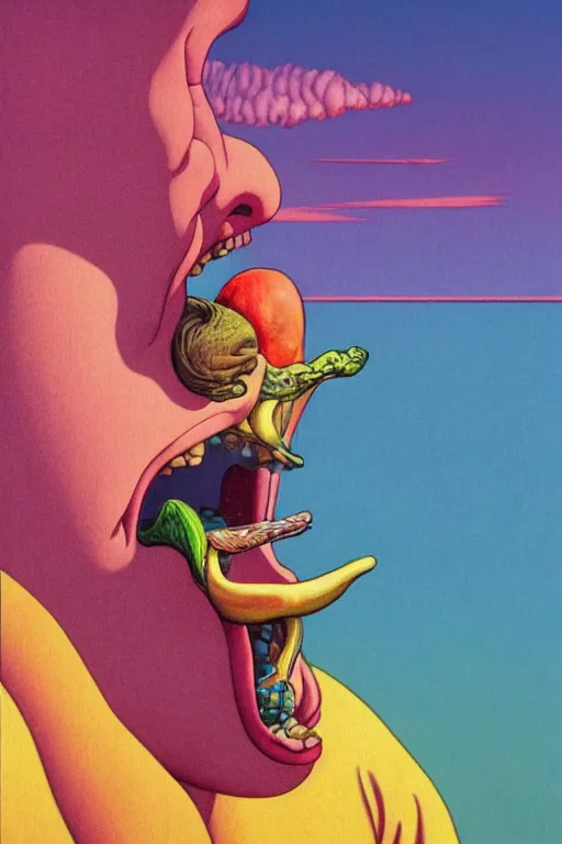 Prompt: a colorful vibrant closeup portrait of a Pink Floyd licking a tab of LSD acid on his tongue and dreaming psychedelic hallucinations, by kawase hasui, moebius, Edward Hopper and James Gilleard, Zdzislaw Beksinski, Steven Outram colorful flat surreal design, hd, 8k, artstation