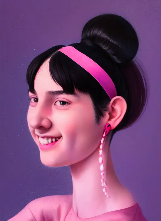 Prompt: portrait of teenage girl, narrow face, black hair, bangs, half updo hairstyle, skinny, big nose, smile, unattractive, defined jawline, big chin, wearing pink hair bow, earrings, intricate, elegant, glowing lights, highly detailed, digital painting, artstation, sharp focus, illustration, art by wlop, mars ravelo and greg rutkowski