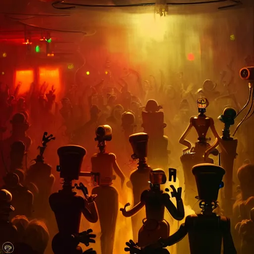 Prompt: steampunk robots dancing at a night club by otto dix and greg rutkowski and andreas rocha, cinematic lighting, warm colours, ultra realistic, unreal engine, trending on artstation, 4 k