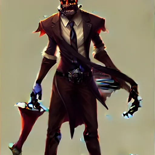 Prompt: character design a full body gentleman from hell, league of legends, concept art, wallpapers, dark fantasy, greg rutkowski, trending on artstation, detailed