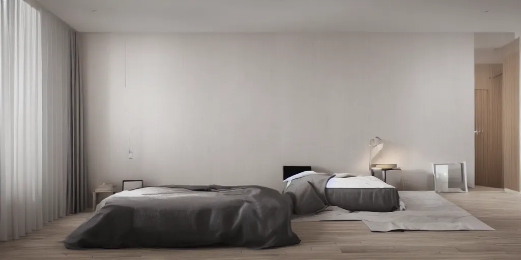 Prompt: modern bedroom, walls made of light wood, neutral furniture, minimalistic interior design, realistic, octane render, vray render, 8 k