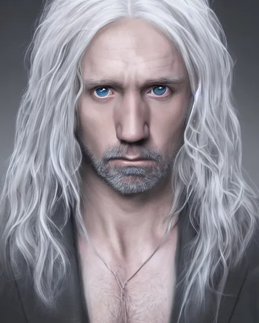 Prompt: portrait of 4 0 - year - old man with long white hair with a pale complexion, malfoy lucius, clear face, pointed face and grey eyes, hyper realistic face, beautiful eyes, character art, art by mark brooks, hyperdetailed, cryengine, trending on artstation, digital art