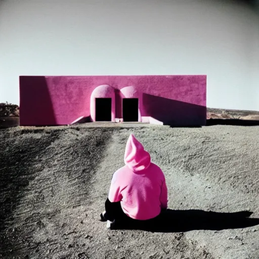 Prompt: a man wearing a pink hoodie sitting outside a Non-Euclidean orb-like clay house sitting in the desert, vintage photo, beautiful cinematography, blue sky, film grain, James Turrell