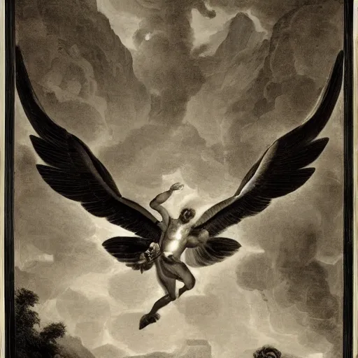 Image similar to melancholic, placid low - key lighting by giovanni battista gaulli. a photograph of a winged creature, flying high above a group of people in a dark, wooded area. the creature's wings are spread wide & its head is turned upwards, looking towards the sky. people below looking up at creature awe & fear.