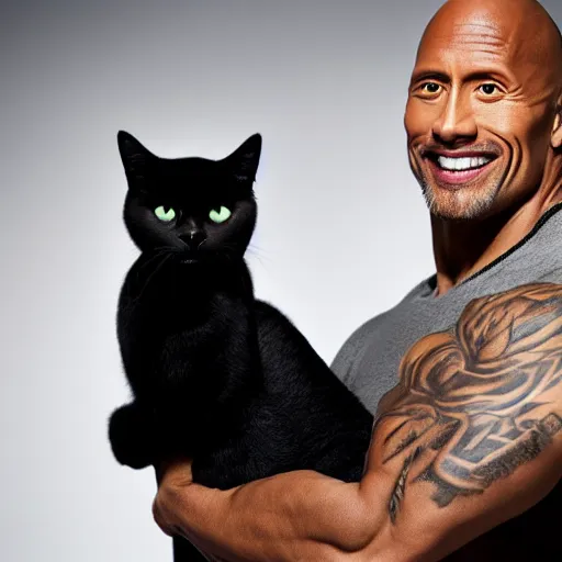 Image similar to dwayne johnson holding a black cat, studio lighting, promotional photograph