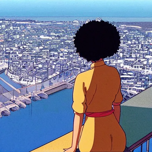 Image similar to a black lady looking out over a city, Miyazaki, studio ghibli