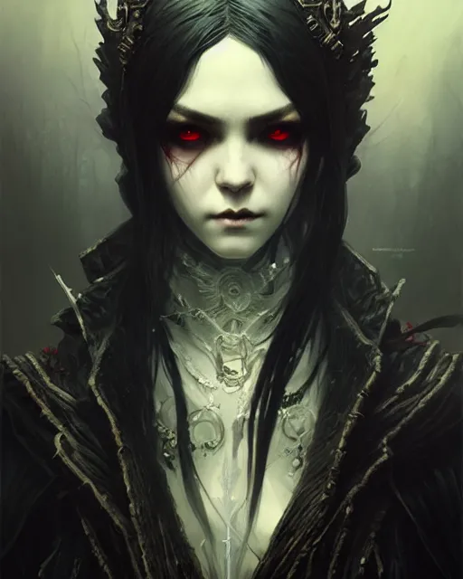 Image similar to dark vampire, character portrait, concept art, intricate details, highly detailed by greg rutkowski, ilya kuvshinov and gustave dore, wenjun lin,