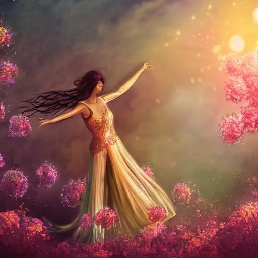 Prompt: summer scene of a spirit of a woman composed by the exquise blossom of flowers, dances in the air majestically, breathtaking, intricate, elegant, beautiful, exotic, fantasy, concept art, digital art, magical scene, cinematic, golden hour, rich moody colors, 8 k, hi - res, uhd