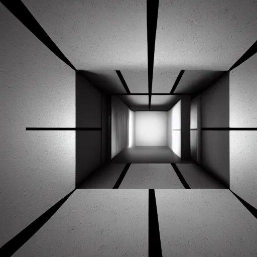 Prompt: Inside of blank dark endless cube with white contours. Realistic Concept Art photography