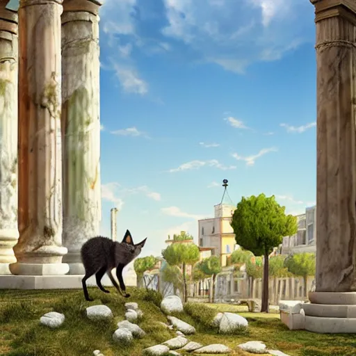 Prompt: cute fluffy caracal in ancient greek town, marble columns, olive trees, sunny, a beautiful landscape by gediminas pranckevicius