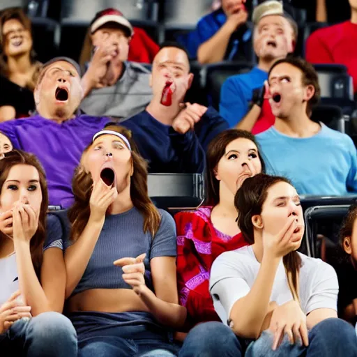 Prompt: audience at baseketball game looks upset, pointing, covering mouth